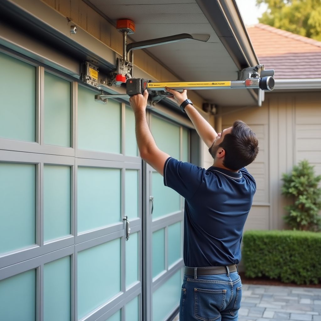 Technicien installant un système d'automatisation de porte de garage